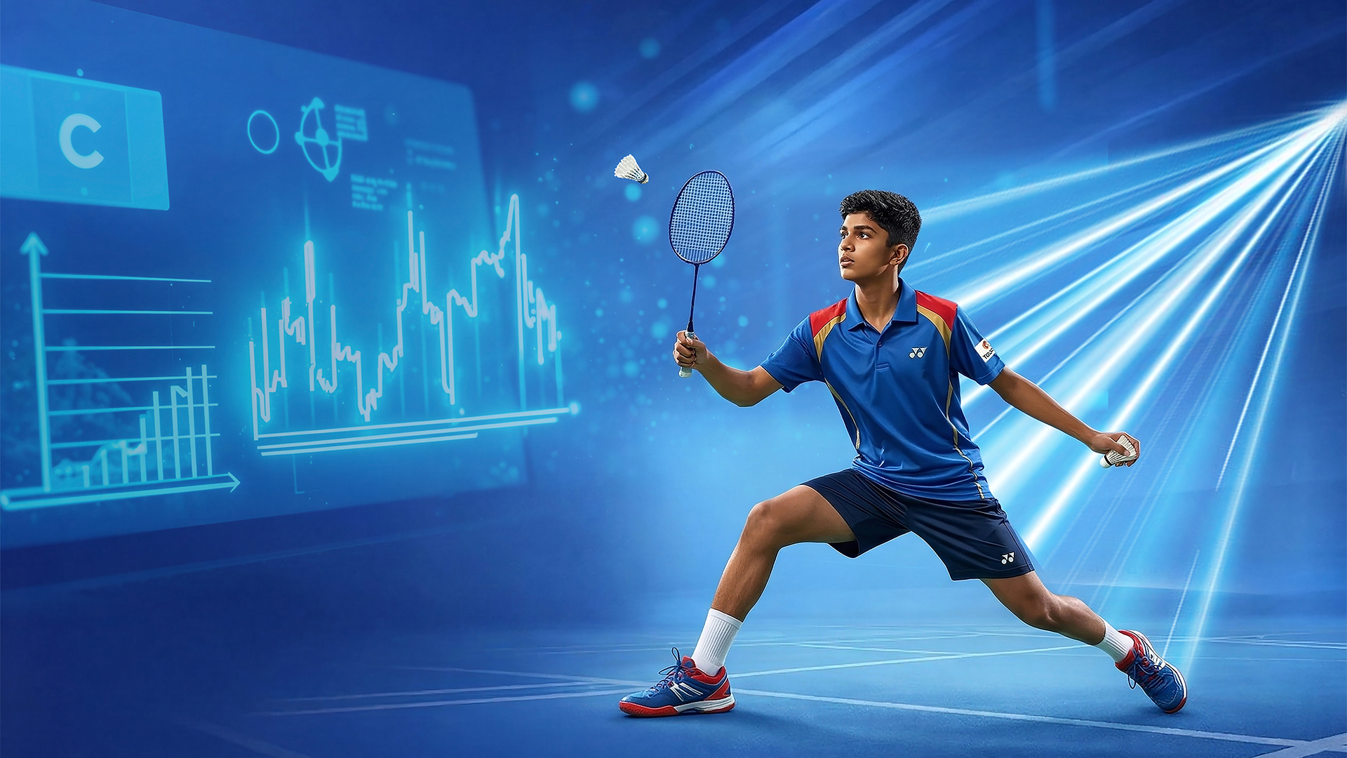 Badminton player in motion under arena lighting