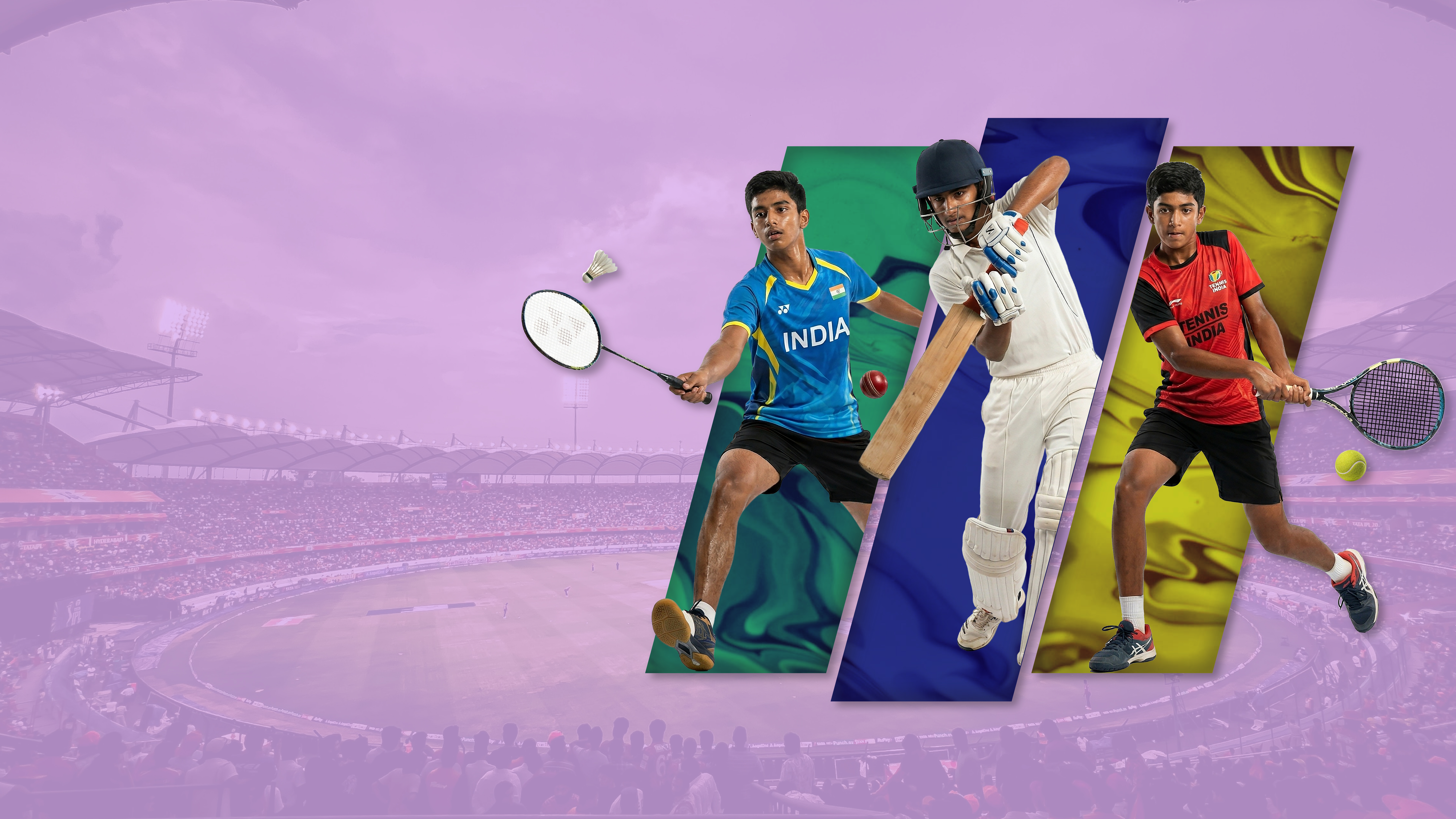 Badminton player in motion under arena lighting